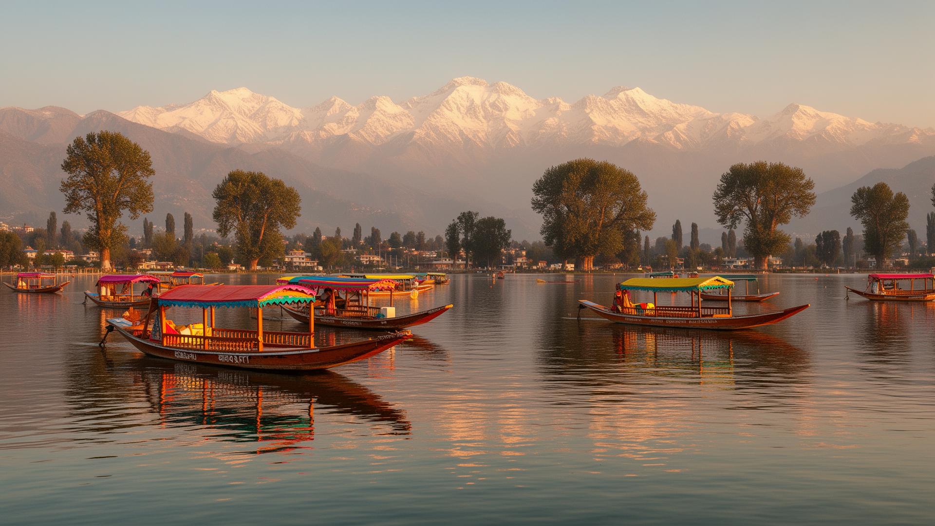 Shikara boats on Dal Lake, Kashmir with snow-capped Himalayas